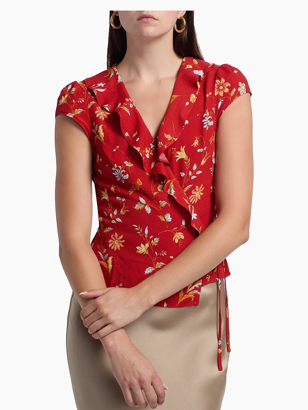 Reformation Clemence Red Floral Print Ruffle Wrap Blouse NWT!
